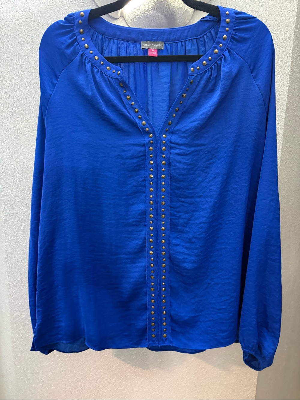 Vince Camuto Cobalt Blue Stud-Trim Long Sleeve Blouse